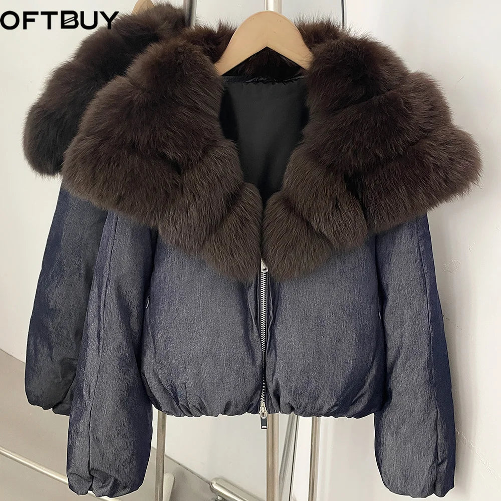 OFTBUY Winter Voluminous Fox Fur Collar Coat Women Zipper Duck Down Jacket Female Relaxed Short Down Coat Warm Outerwear