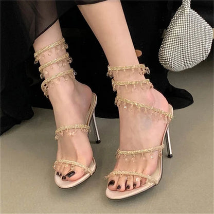 Eilyken Sexy Design Pendant Crystal Diamond Thin High Heels Women Sandals Street Style Ankle Strap Banquet Prom Shoes