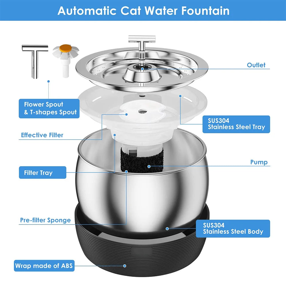 3L Auto Stainless Steel Cat Fountain 102 Oz Pet Water Dispenser Filter with Faucet Automatic Water Feeder for Cats Dogs Rabbits
