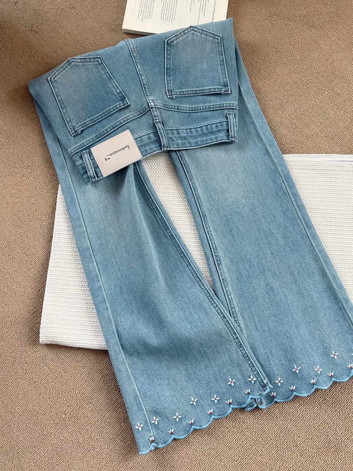 Blue Embroidered Floral Micro Flared Jean Women's Spring Summer High Waist Slim Denim Trousers Versatile Ankle-length Pants