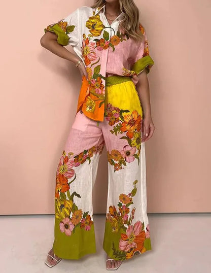 Fashion Print Beach Holiday 2-Piece Set Women Spring Summer Long Sleeve Shirt Top + Wide Legs Women's Oversized Two-Piece Outfit