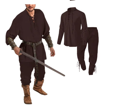 4 Pcs Halloween Men's Renaissance Costume Set Medieval Pirate Shirt Ankle Banded Pants Viking Belt Accessories