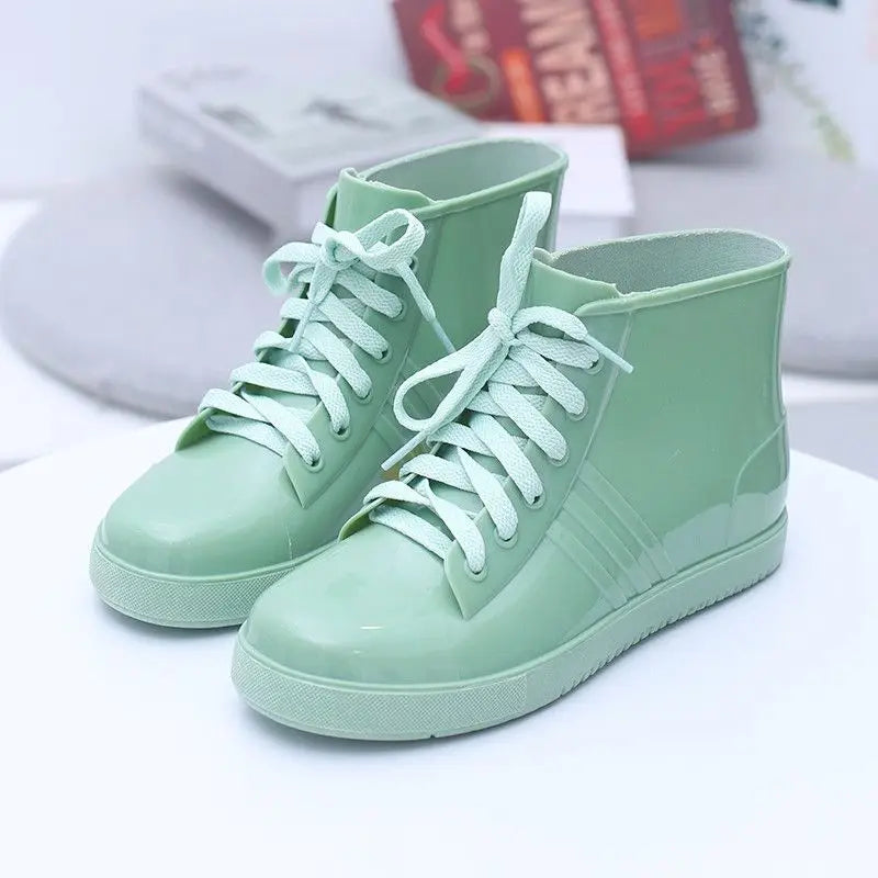 Fashion Lace Up Rainshoes Womens Light Blue Rain Boots Woman Oxfords Style Water Shoes Girls PVC Ankle Rainboots Green Galoshes
