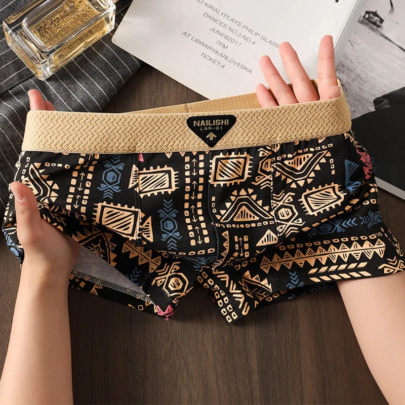3pcs New Men's Underwear, Comfortable and Breathable Boxer Briefs, Trendy Retro Ethnic Style, Mid-Rise Shorts for Men