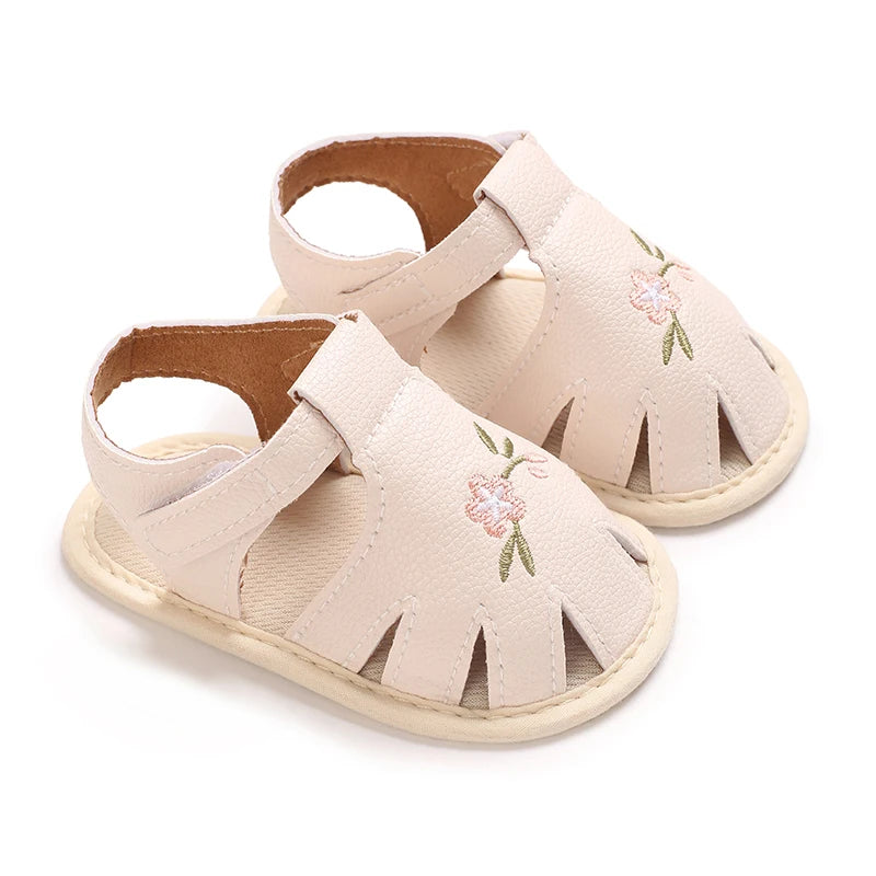 Baby Learning Walk Shoes, Breathable Summer Sandals with Bow & Embroidery, Soft Comfort Footwear for Newborn Infants 0-18M