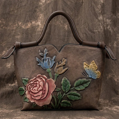 Small Ladies Genuine Leather Tote Bag Vintage Floral Shoulder Bags For Women 2024 New Handmade Cow Leather Handbag Female