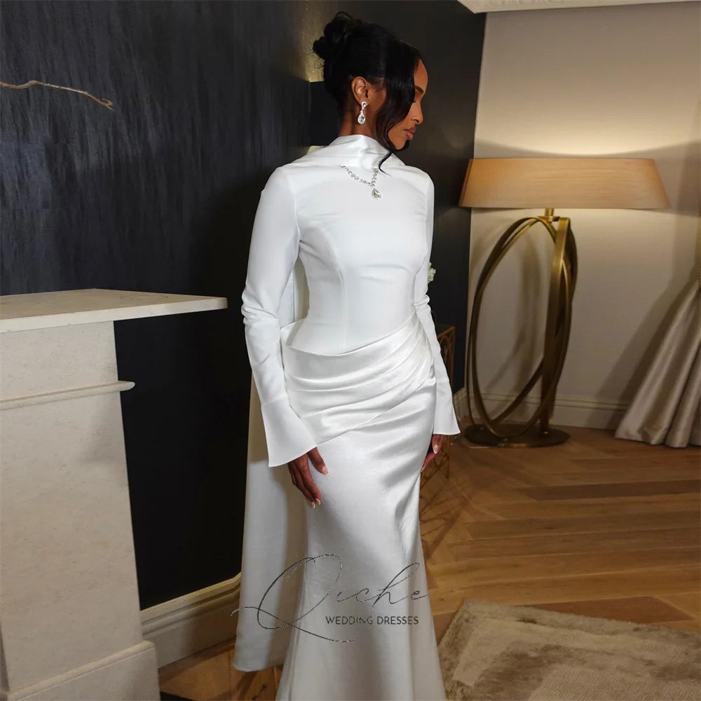 QICHE Modest Pleat Muslim Mermaid Wedding Dresses Women Long Sleeves With Cape High Collar Bridal Gown Robe De Mariée Customized