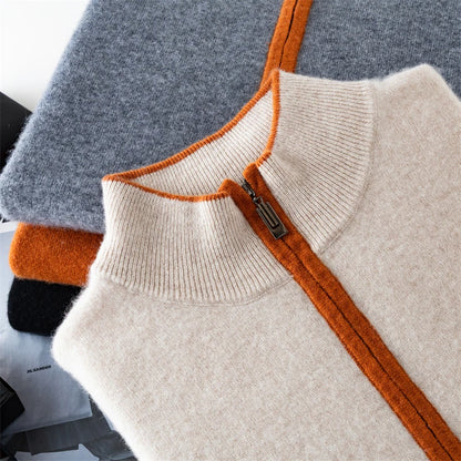Men's 100% cashmere sweater casual knit pullover shirt loose Mock collar Tops zipper Blouse autumn/winter color blocked Jumper