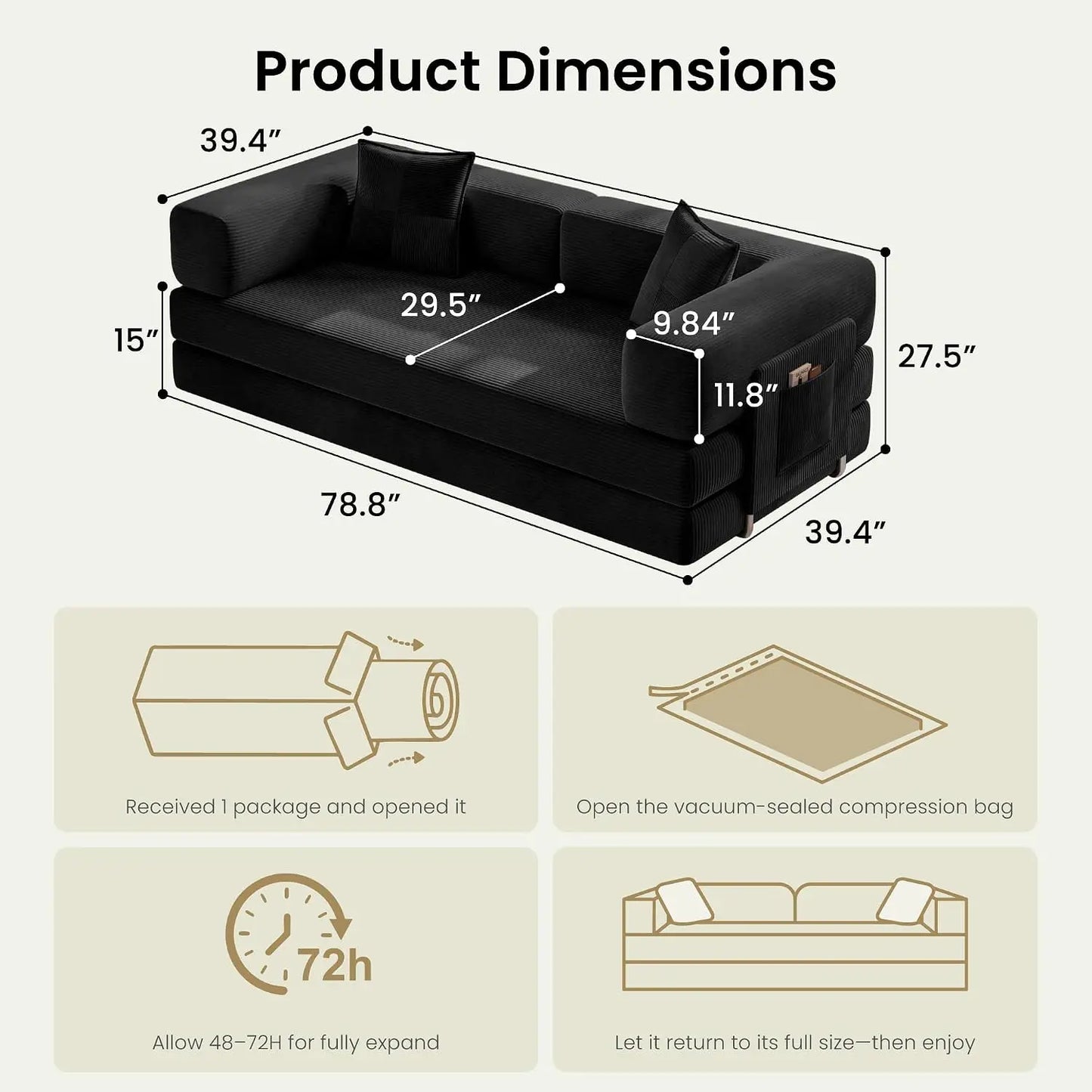 78.8" Convertible Futon Sofa Bed, Boneless Couch for Living Room | Corduroy Boneless Loveseat Sleeper Sofa, Modular, Customized