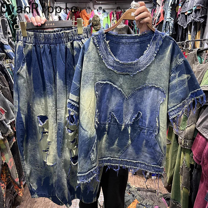 Fashion Spring Summer Women Two-piece Set Hole Tie-dye Loose Short Sleeve T-shirt Top + Elastic Waist Casual Wide Leg Pants