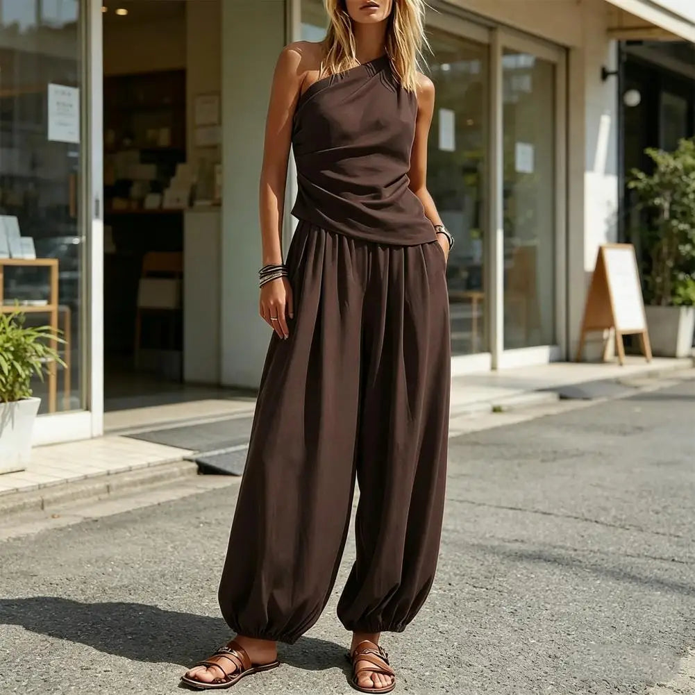 Summer Women Outfit Tank Top Pants Two Piece Set One-shoulder Sleeveless Shirt Solid Color Loose Casual Top Pants Suit