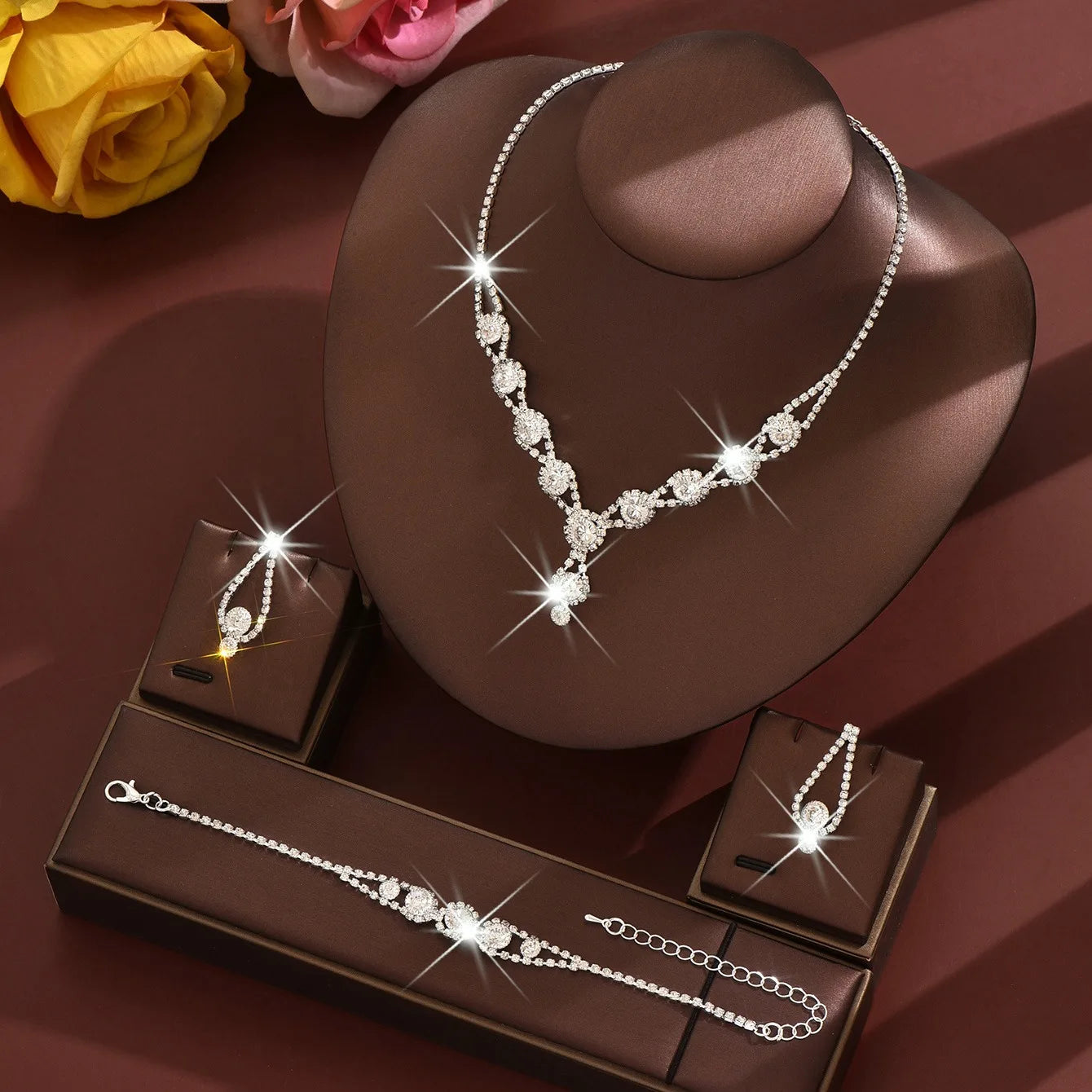 4PCS Fashion Elegant Crystal Jewelry Sets for Women Rhinestones