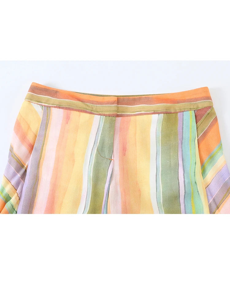 HH Fashion 2026 Women's Colorful Striped Two-Piece Set Summer Halter Neck Crop Top+Wide Leg Pants Resort Beach Outfit