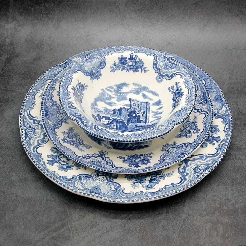 The Blue Britain Castles  Dinner Set European Style Dinner Ware Ceramic Breakfast Plate Beef Dishes Dessert Dish Soup Bowl