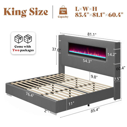 60.4“ King Size Upholstered Bed Frame with Fireplace, Grey | Modern Bed Frame with Extra Tall Headboard, Wingback, Customized