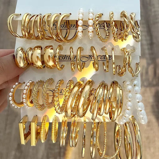 48/96pcs Vintage Gold Color Fashion Large Metal Faux Pearl Twisted Braided Earrings Set for Women Daily Wear Jewelry Gifts 2026