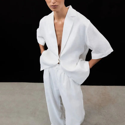 New Cotton Turn-Down Collar Half-Sleeve Top Wide-Leg Pants Two-Piece