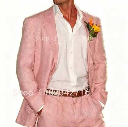 Beige Linen Men Suits 2 Pieces Beach Wedding American Style Jacket with Pants Formal Groom Tuxedos Male Suits (Blazer+Pants)