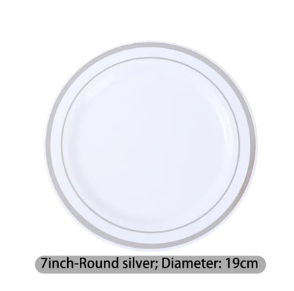 New Multi piece Set - Gold Platter Set, Plastic Tableware, Gold Edge Plate, Knife, Fork, Spoon, Party Wedding Set, Dessert Plate