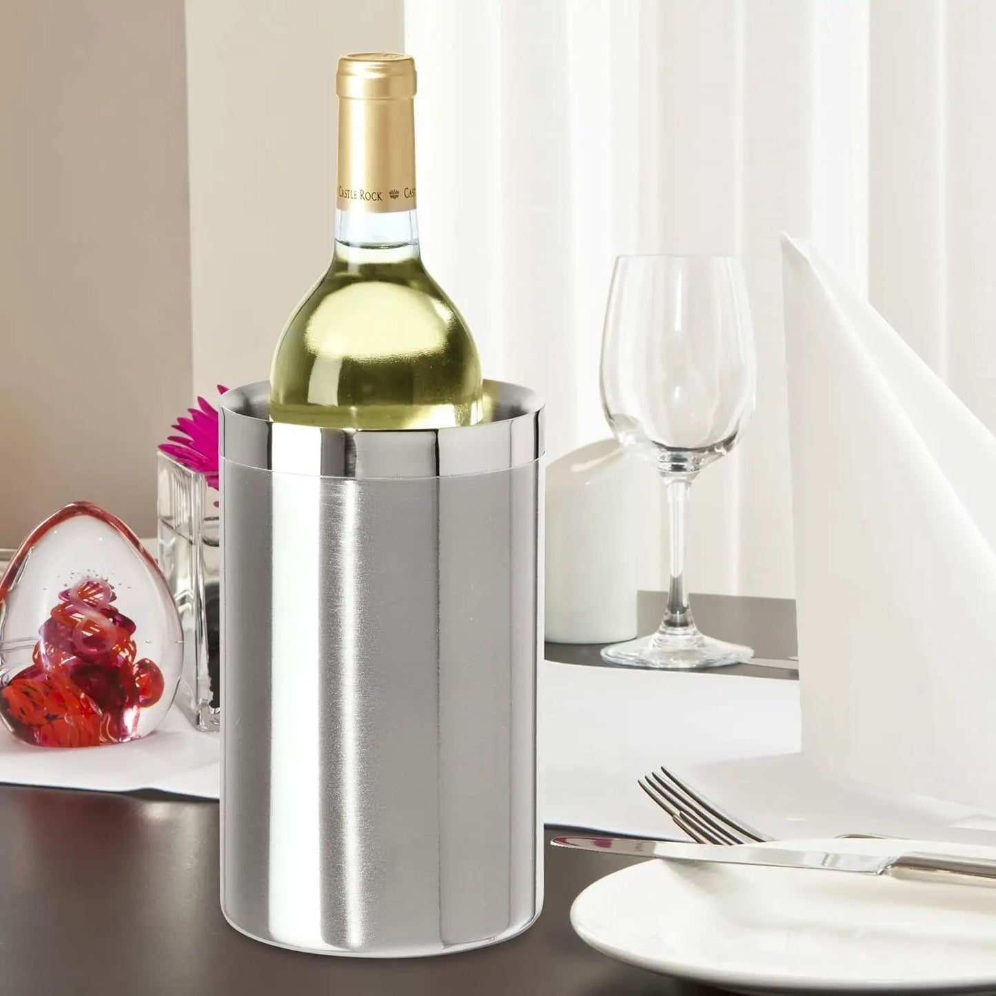 Stainless Steel Double Wall Wine Cooler Insulated Tabletop Wine Chiller for White Wine Champagne Fits Most Standard Sized Bottle