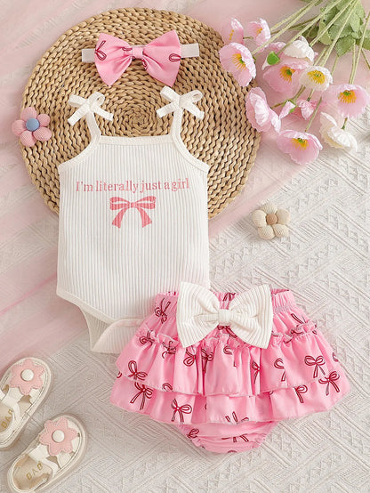 Baby Girl Summer Cute Bow Decoration Camisole Printed Bow Ribbed White