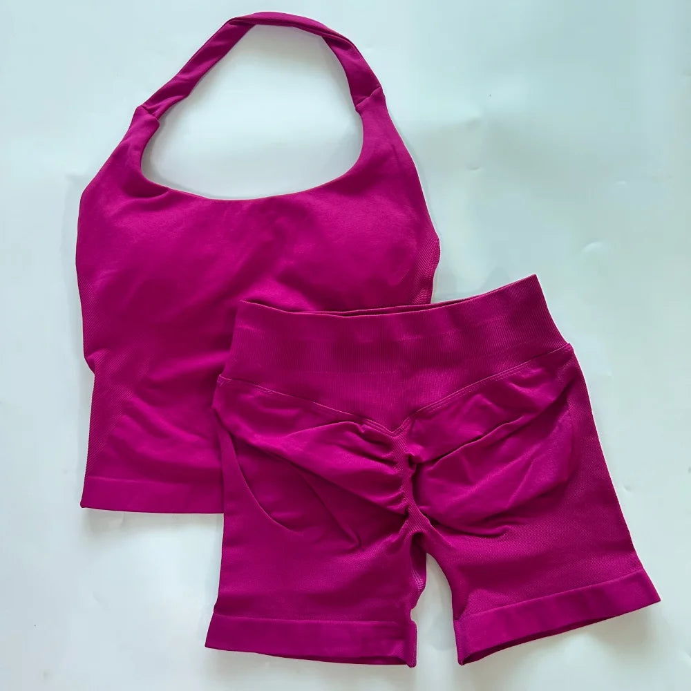 1-2pcs Gym Set Women Backless Tank Tops High Waist Scrunch Seamless Shorts High Waist Yoga Leggings Workout Sets Gym Suit