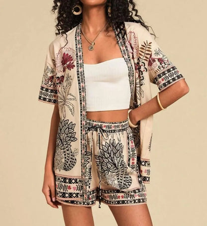 Summer Women's Suit With Shorts Printed Crop Top Short Pants Blue Patterned Set Green Floral Casual Shorts