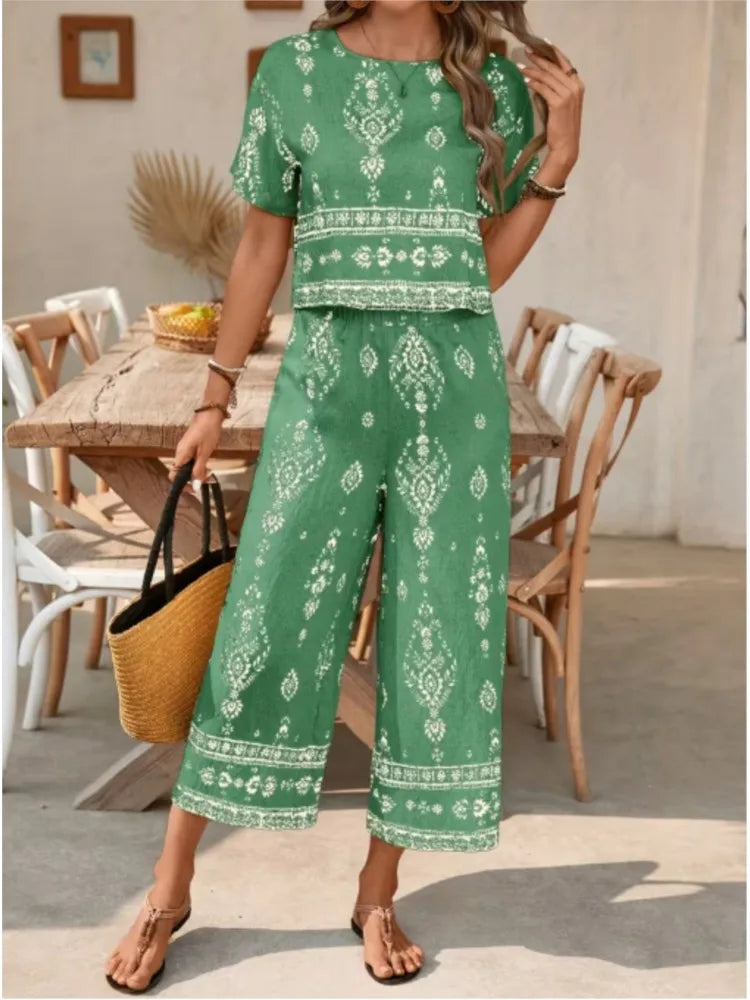 Fashion Ethnic Retro Printed Short-sleeved Women's Suit Summer New Casual Simple Elegant 7-minute Pants Female 2-piece Set 2026