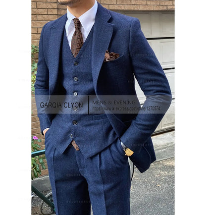 3 Pieces Men's Suits Tweed Herringbone Slim Fit Business Cauasl Waistcoat  Jacket Groomsmen Wedding Suits（Blazer+vest+Pants）