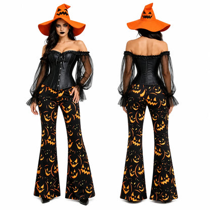 Womens Halloween Witch Cosplay Outfit, Off Shoulder Sheer Mesh Sleeve Corset Top Pumpkin Face Print Flare Pants & Witch Hat for Carnival Costume Party