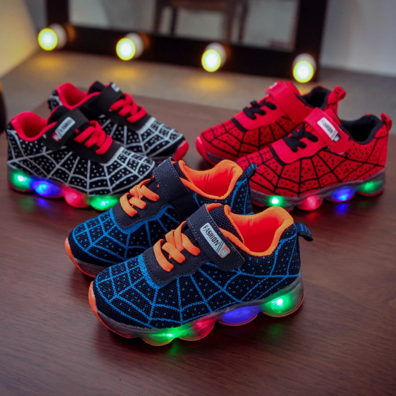 Mgo Kidss New Spring and Autumn Models, Sizes 21-36, Children's Shoes, Kids' Light-Up Shoes, Boys' and Girls' Running Shoes, Baby Flashing Shoes, Led Light-Up Sneakers, Mesh Spider Web Design, Suitable for Children Aged 1-3-6
