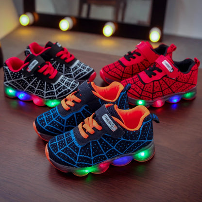 Mgo Kidss New Spring and Autumn Models, Sizes 21-36, Children's Shoes, Kids' Light-Up Shoes, Boys' and Girls' Running Shoes, Baby Flashing Shoes, Led Light-Up Sneakers, Mesh Spider Web Design, Suitable for Children Aged 1-3-6