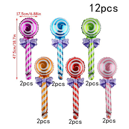 12Pcs Lollipop Foil Balloons with Bow, Swirl Candy Lollipop Handheld Balloon Stick for Candyland Birthday Baby Shower Party Deco