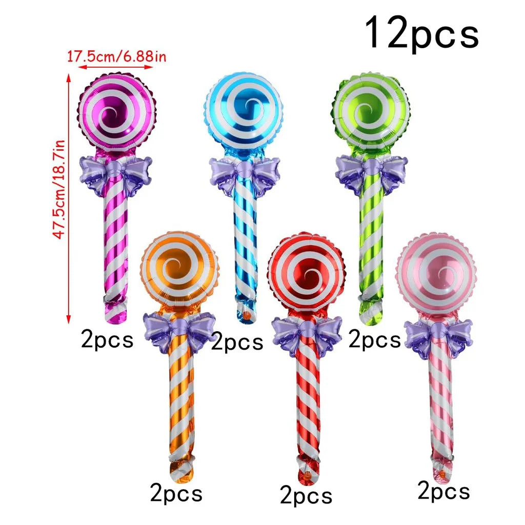 12Pcs Lollipop Foil Balloons with Bow, Swirl Candy Lollipop Handheld Balloon Stick for Candyland Birthday Baby Shower Party Deco