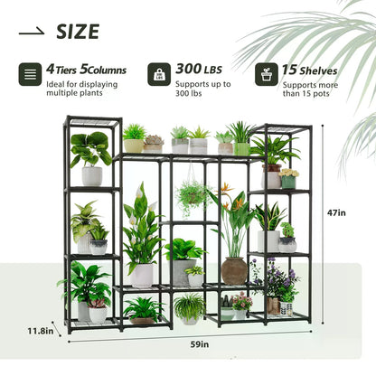 Large Plant Stand Indoor Outdoor Metal Plant Shelf Waterproof Plant Rack For Multiple Plants Wide Flower Stand For Patio Balcony Garden Black