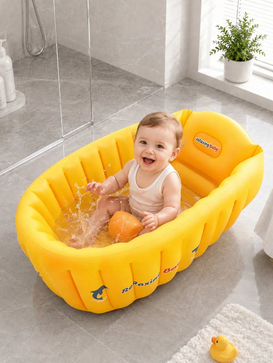 Yellow Inflatable Baby Bathtub Portable Foldable Non Slip Newborn Blow Up Bath Tub Toddler Swimming Pool Travel Shower Basin Air Padding