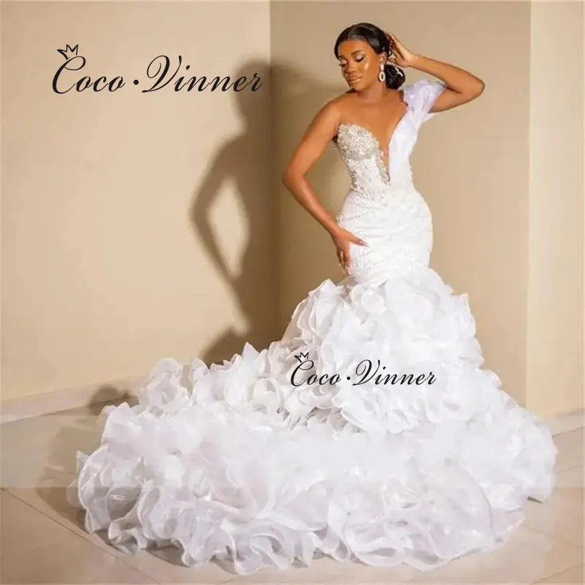 Customized Ruffle Train Fashion Mermaid Wedding Dress 2026 New Sexy V Neck One Shoulder Africa weddings dresses bridal W1490