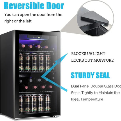 26 Bottle 130 Can Wine & Beverage Cooler, Clear Glass Door, Quiet Digital Temp Control, Home Office Bar, 3.2cu.ft, Customized