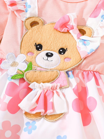 Two-Piece Set of Baby Girl Casual Dresses for Spring and Summer, Cute and Sweet Style Dresses with Cartoon Bear Patches, Floral Digital Print Patterns, Baby Girl Romper and Headband