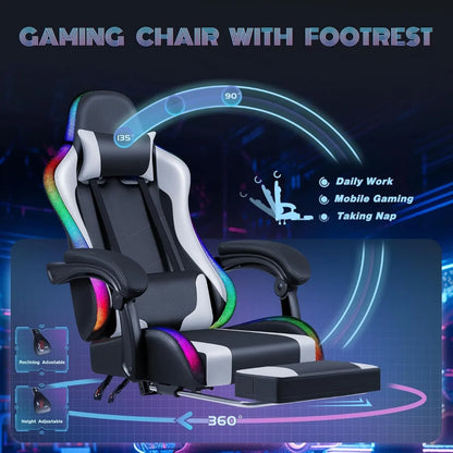 Chair with RGB LED Lights, Massage Lumbar Support & Footrest, Reclining High Back Computer Gamer Chair (White)