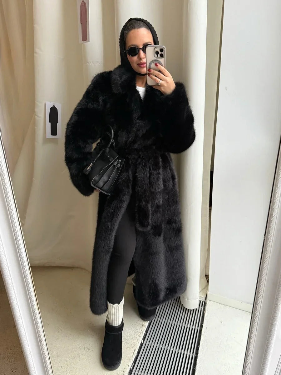 Women Elegant Solid Color Faux Fur Long Coat Notched Collar Belted Waist Loose Oversized Warm Winter Street Thick Outerwears New