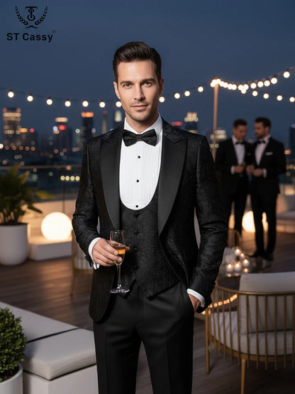 ST Cassy High Quality Luxury Men's Suit 3 Piece Set Dinner Black Party Tuxedo Banquet Attire Fashion Male Groom Wedding