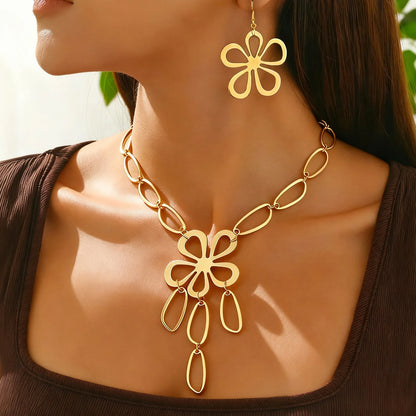Fashion Metal Geometric Hollow Five Flower Oval Necklace Earrings Set Three-dimensional Large Flower Long Necklace Earrings