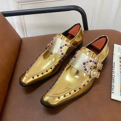 2026 New Gold Men Dress Shoes Rivet Breathable Square Toe Double Buckle Party Fashion Handmade Free Shipping Chelsea Men Loafers