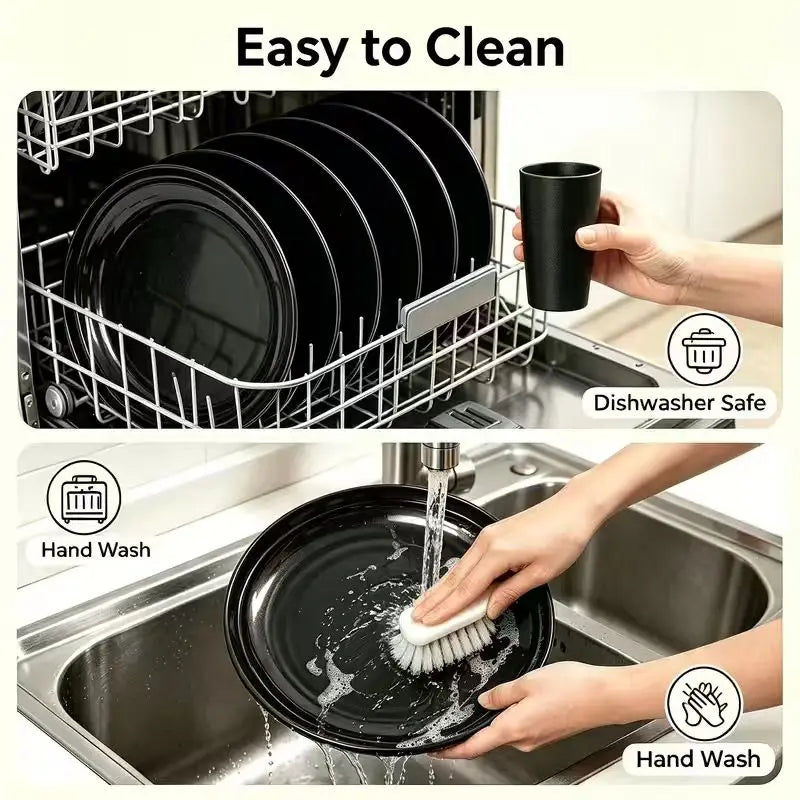 12pc Black Wheat Straw Dinnerware Sets - Dishes, Reusable Plastic Plates, Dishwasher And Microwave Plates And Bowls Sets, Bowls, Drinking Cups, Plastic Dishes For Camping, Party