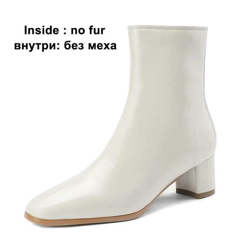 Meotina Women Genuine Leather Ankle Fur Wool Boots Round Toe Thick Mid Heel Zipper Ladies Fashion Short Boot Autumn Winter Shoes