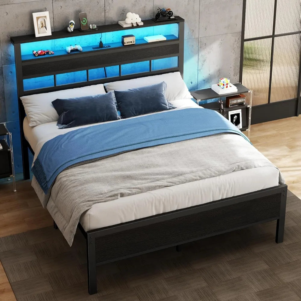 Full Bed Frame & Wood Storage Headboard,LED Light & Charging Station,2-Tier Shelves,Metal Platform,Bedroom,Full, Custom