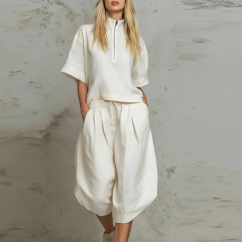 Summer Zipper Half Sleeve Shirt High Waist 3/4 Length Pants Suit Women Comfortable Two Piece Set Female Tracksuits