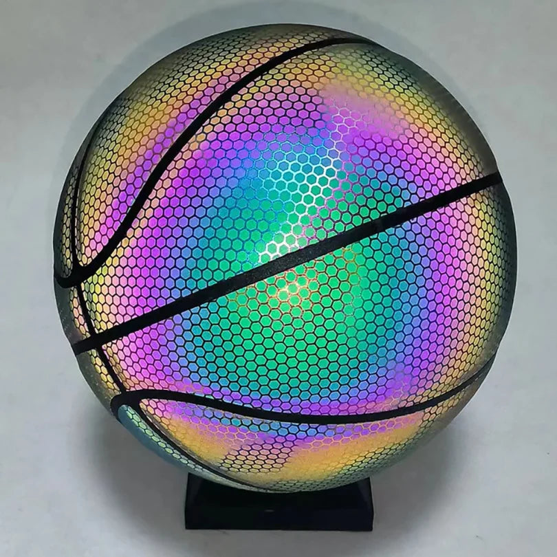 Luminous Basketball Ball Holographic Reflective Lighted Flash Ball PU Wear-Resistant Glowing Basketball Night Sports Game