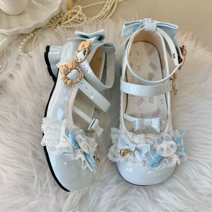 Cute Lolita Mary Jane Heels with Bunny Bows Lace and Bells for Cosplay and Tea Parties